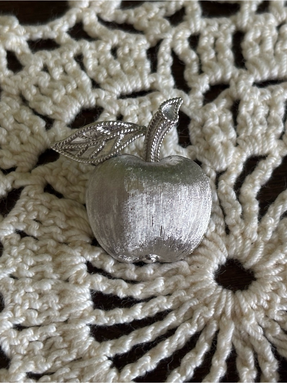 Vintage Trifari Silver Apple Brooch with Textured Leaf